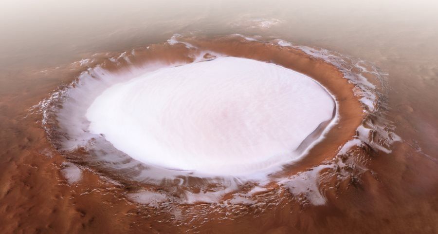 An ice-covered Martian crater through the eye of the Mars Express probe